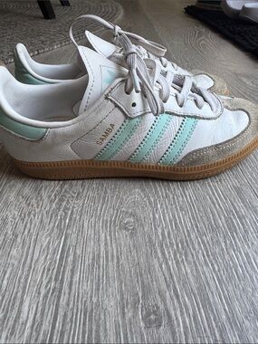 adidas White Sambas Sneakers with Mint Stripes, tan suede and Gum Sole